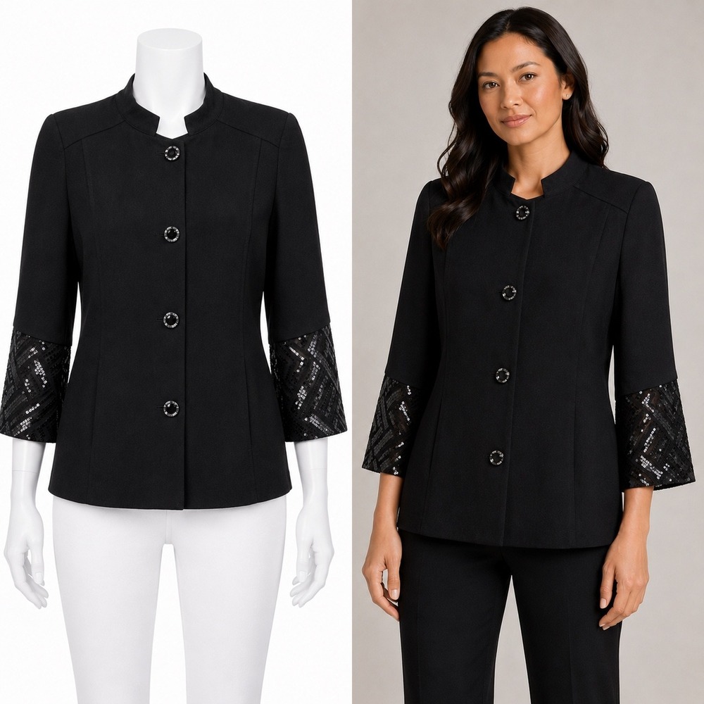 Bob Mackie Wearable Art Jacket Womens M Black Sequin Cuff Mandarin Collar Blazer